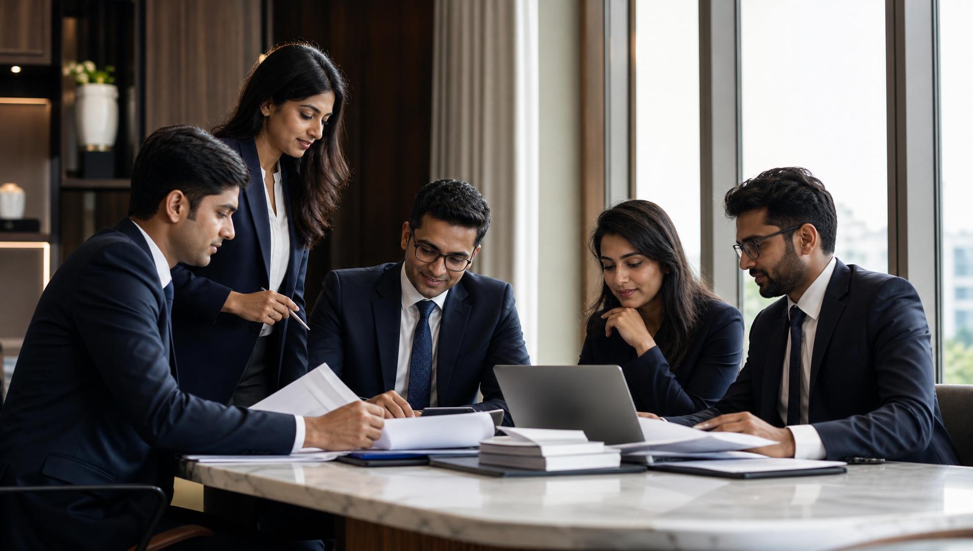 Team of chartered accountants collaborating around a conference table